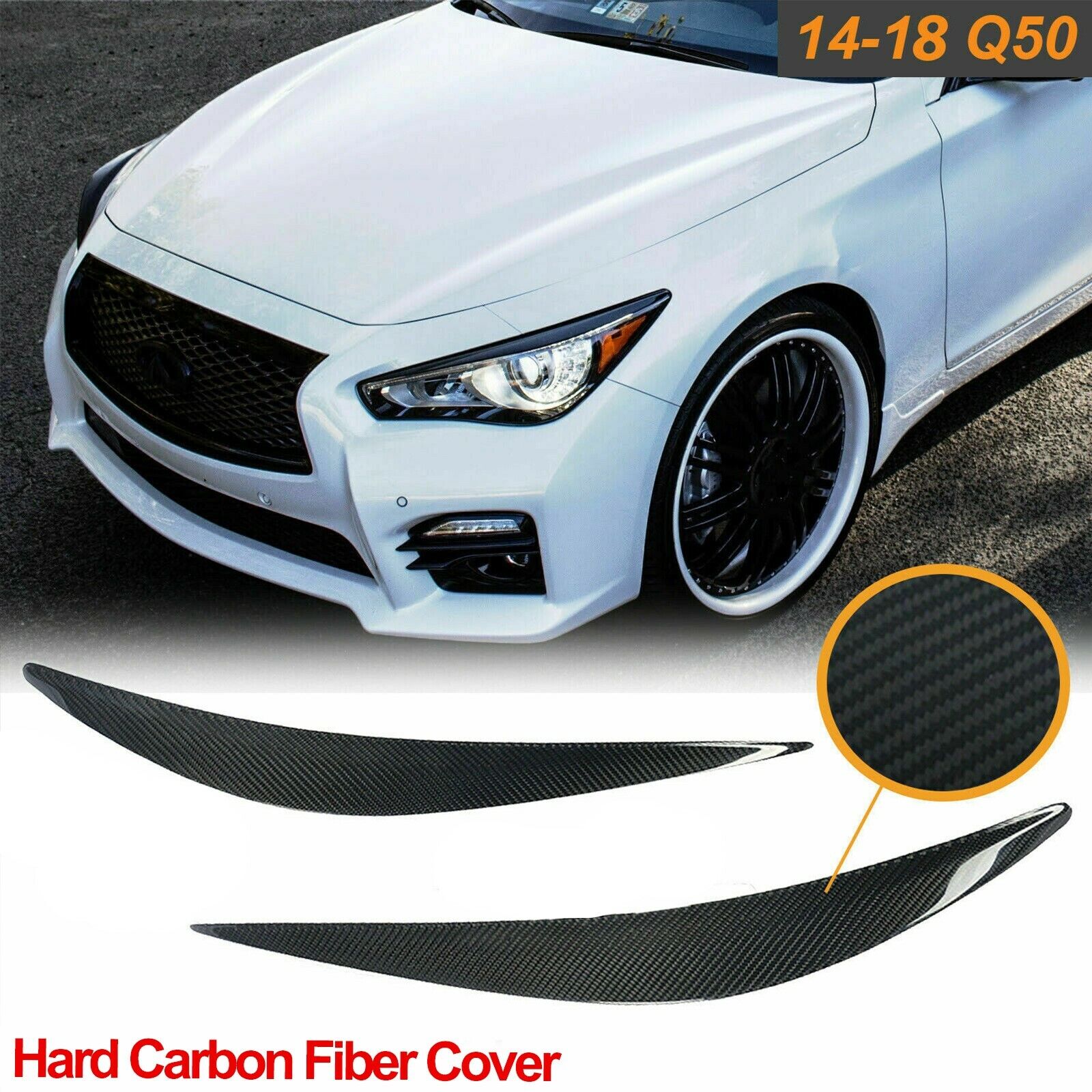 Black Carbon Fiber Eyelid Covers Headlight Eyebrow Lids Fit Infiniti Q50 2014-up