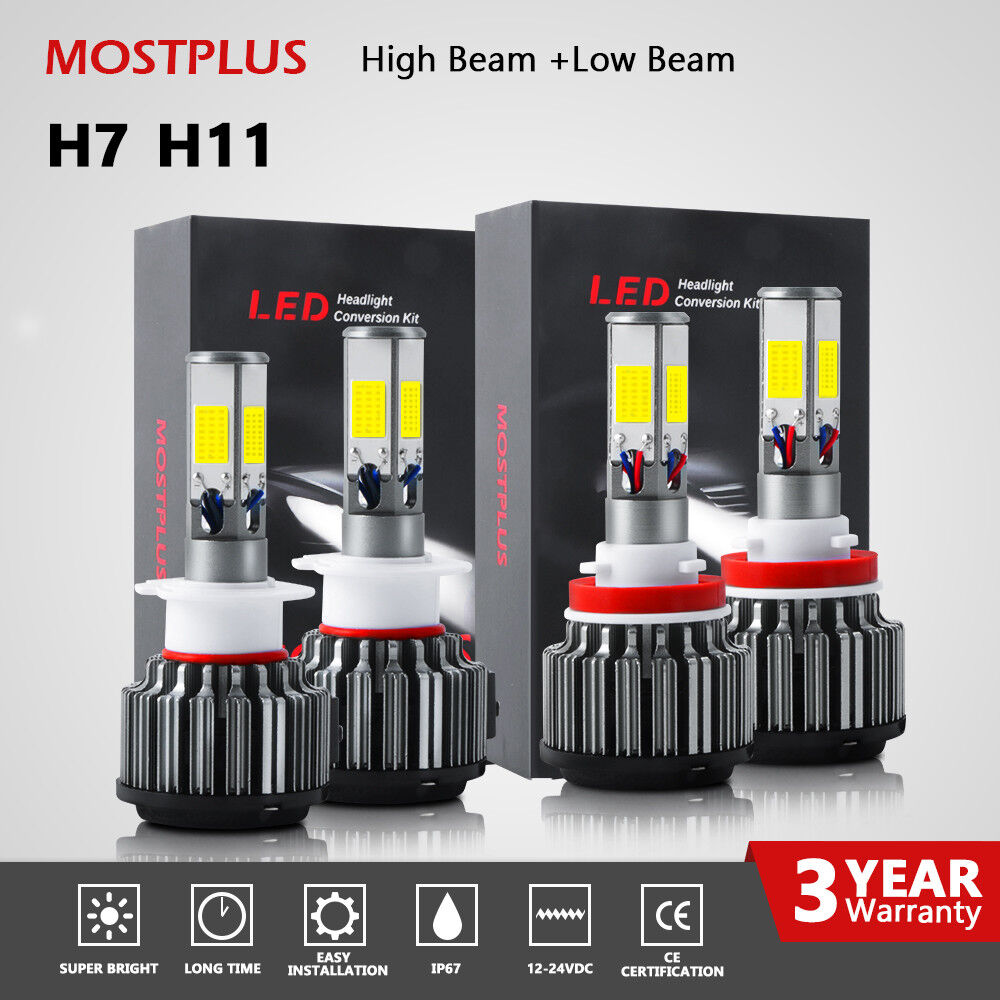MOSTPLUS H11+H7 High and Low Beam LED Headlight Combo Set 6000K 4 Bulbs