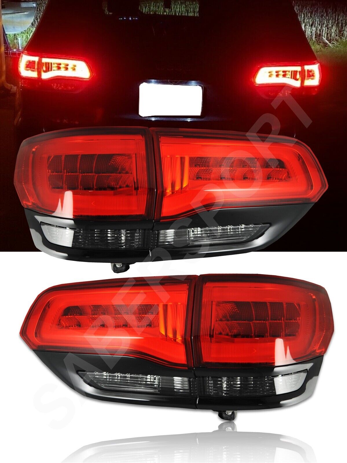 Set of 4pcs Red Smoke LED Taillights w/ Black Trim for 2014-2019 Grand Cherokee