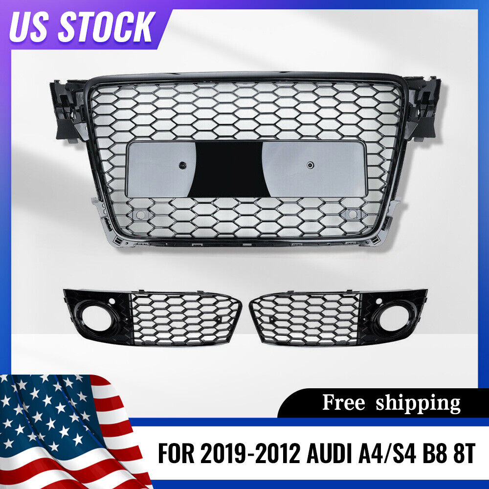 Fit 09-12 Audi A4/S4 B8 8T Honeycomb Sport Mesh Grille Grill & Fog light Cover