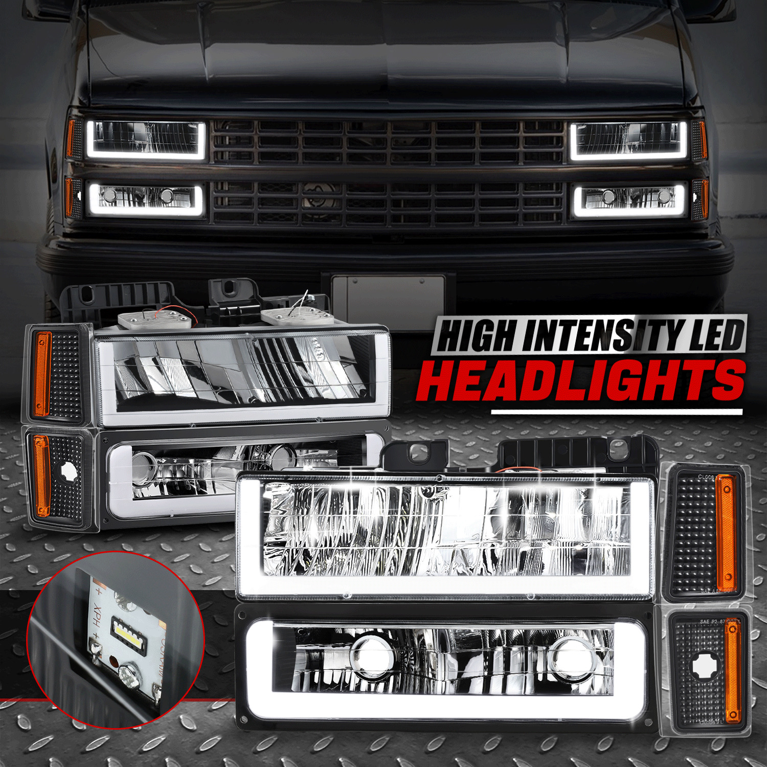 [U-LED DRL] For 88-93 Chevy C/K Headlight+Bumper Signal+Corner Lamps Black/Amber