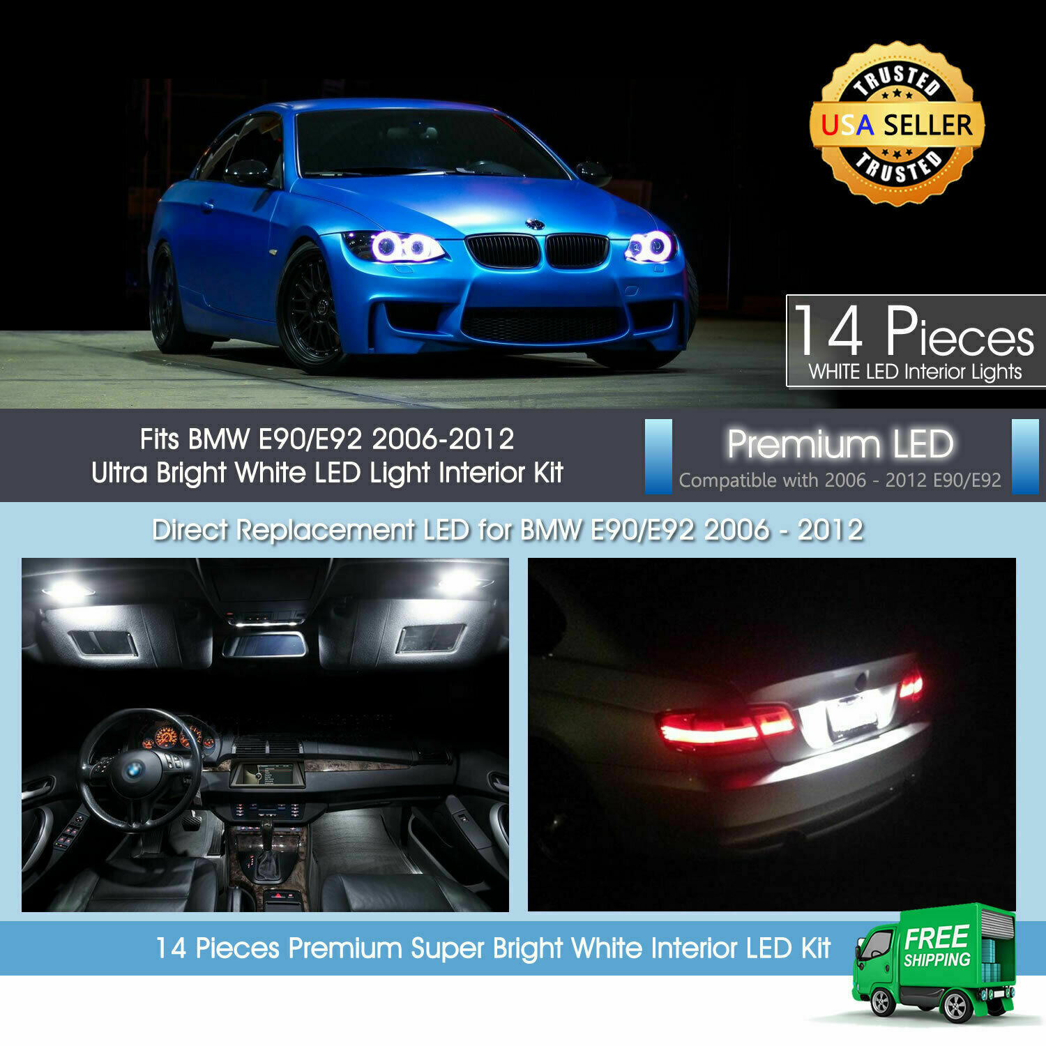 14 White LED Interior Light Package BMW 3 Series E90 E92 328i M3 335i 2006-2012