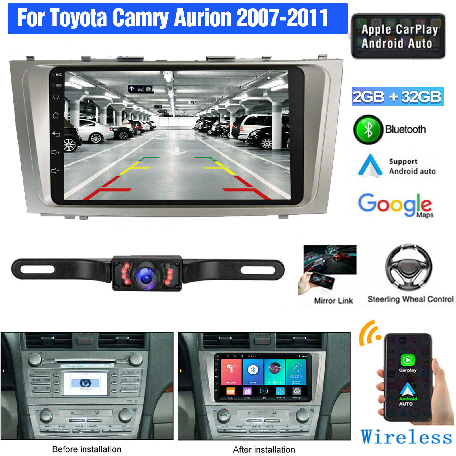 9'' Android 12 CarPlay For Toyota Camry Aurion 2007-2011 Car Stereo Radio Player