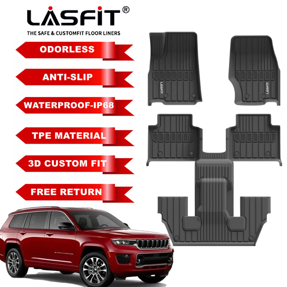 Lasfit Floor Mats For Jeep Grand Cherokee L 2021 2022 2023 Waterproof Anti-slip