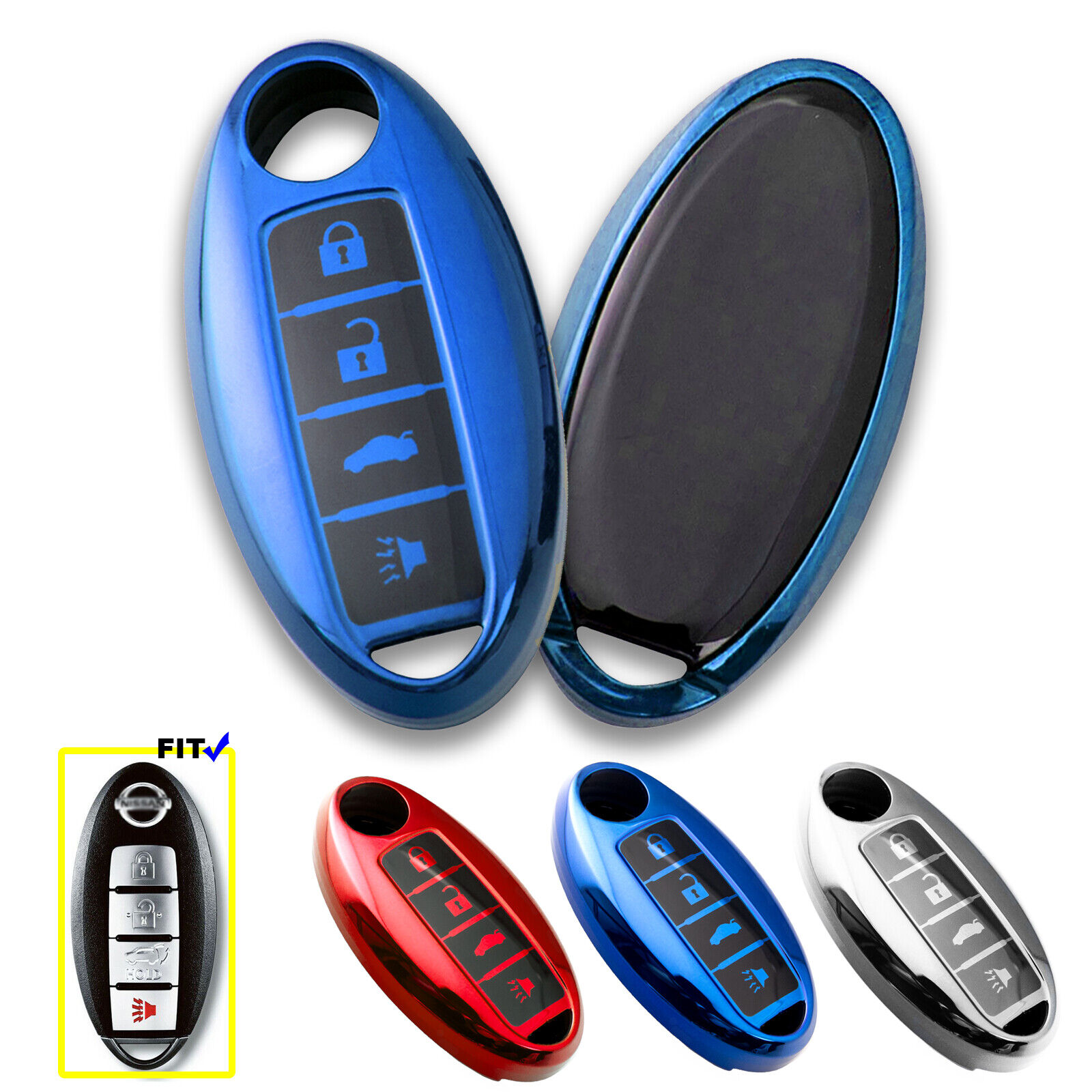 Blue TPU Full Protection Remote Key Fob Cover Case For Nissan 4-Button Smart Key