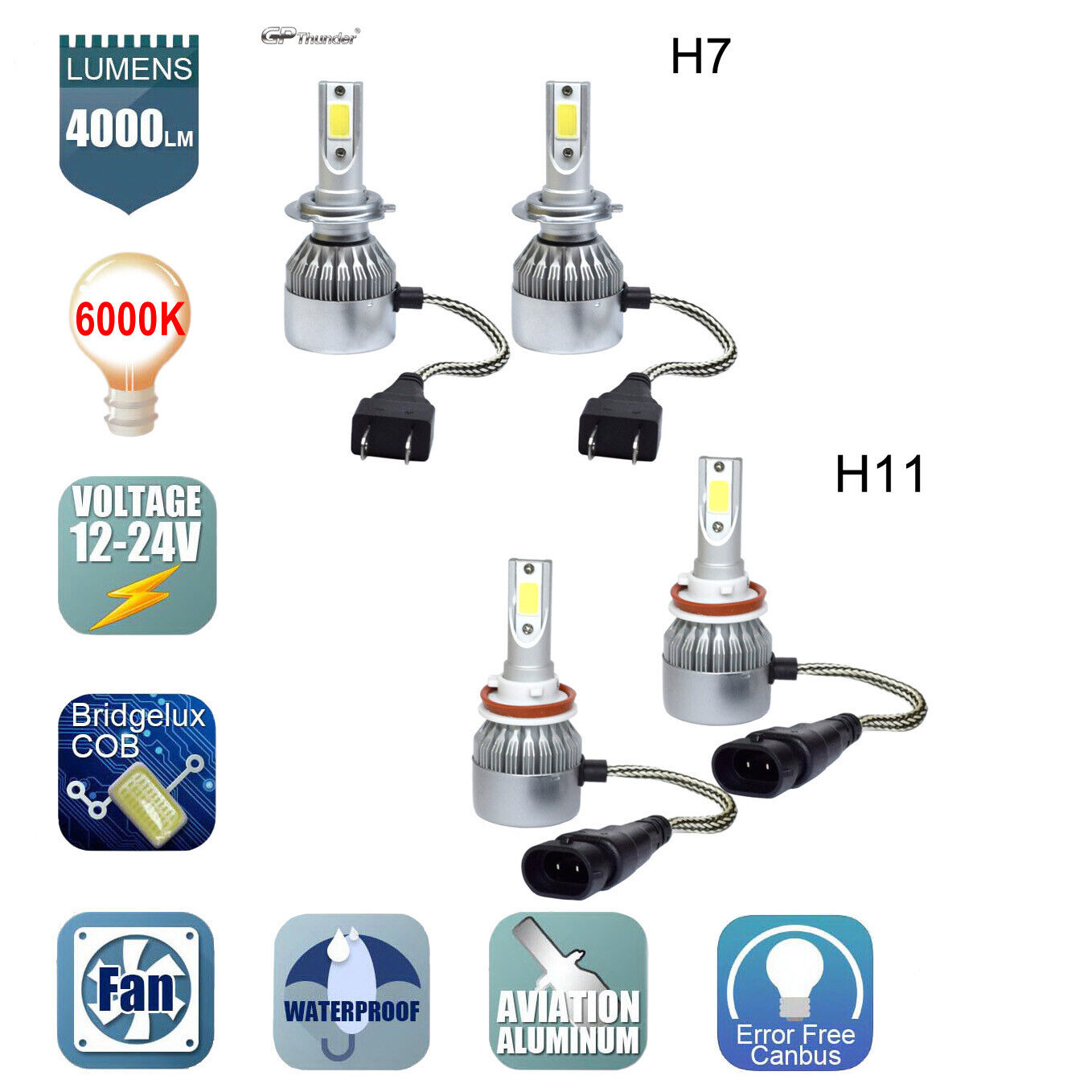 Combo H11 and H7 LED Headlight Bulbs Kit High Low Beam Fog Light 6000K 4 bulbs