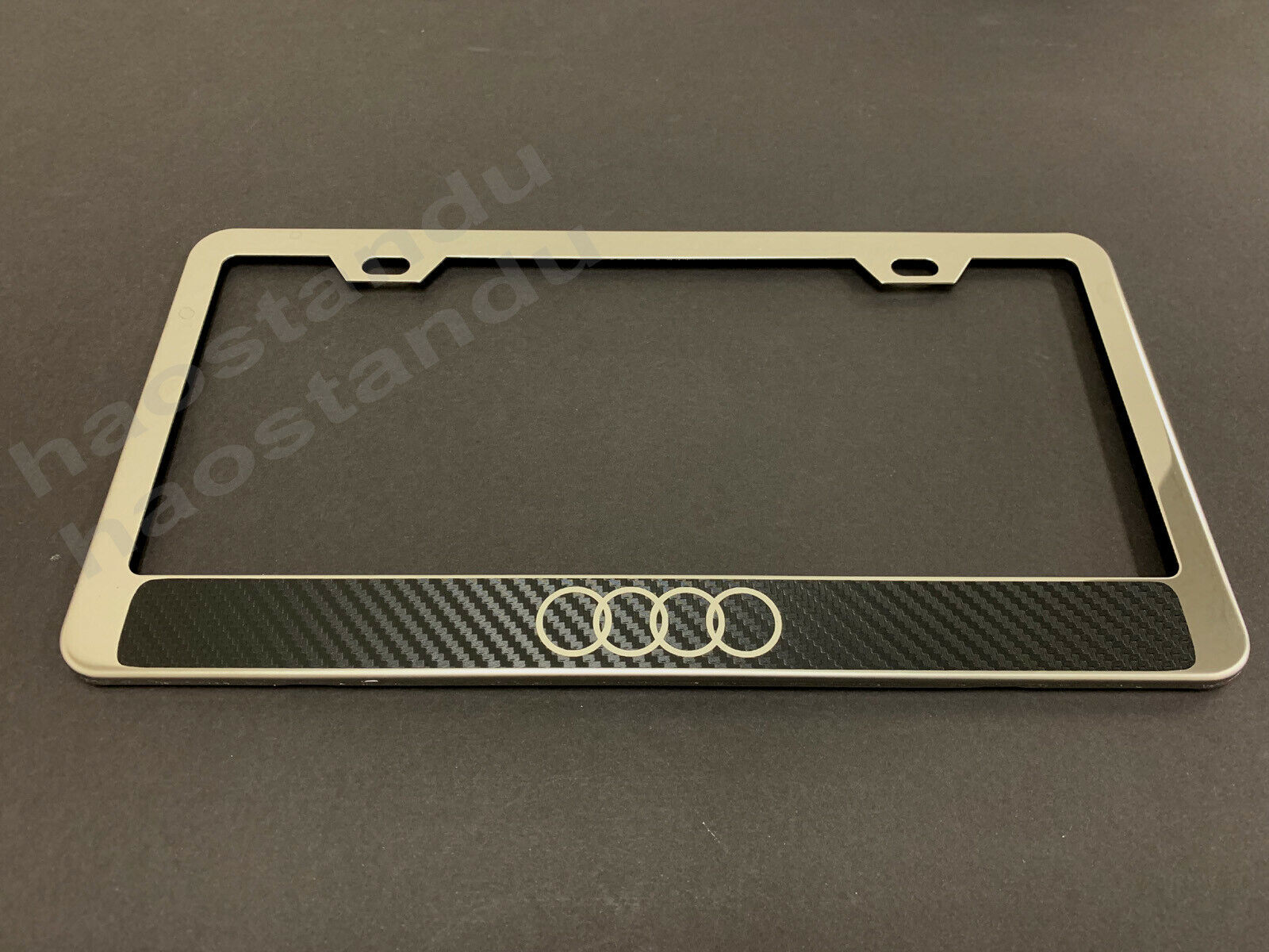 1x 4 RING AUDILOGO STAINLESS STEEL LICENSE PLATE FRAME w/Carbon Fiber Style