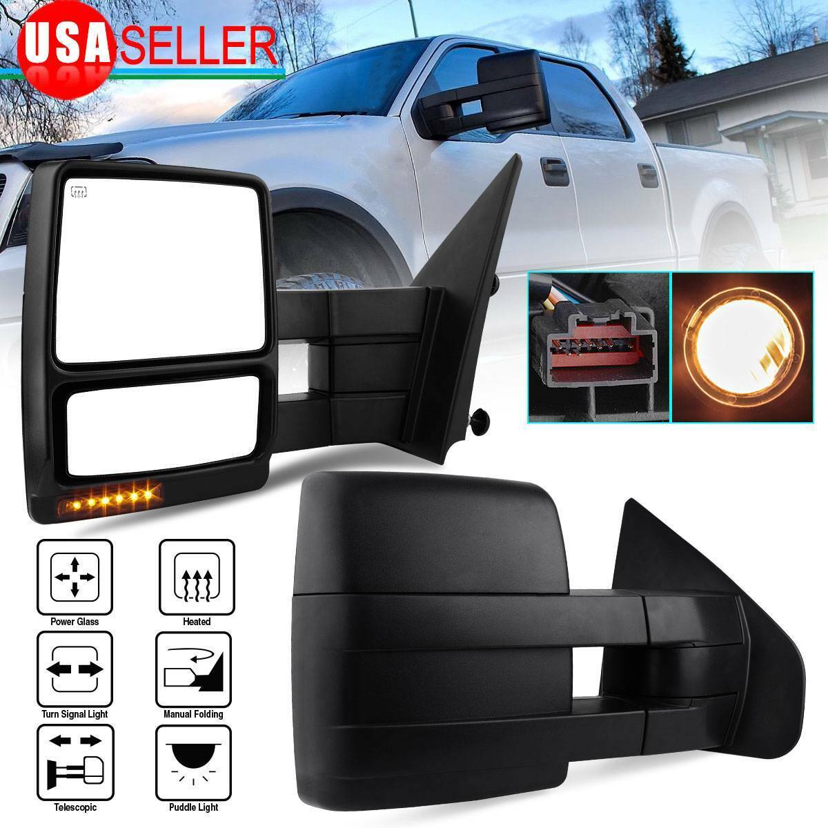 Pair fits 2007-2014 Ford F150 Tow Mirrors Puddle LED Turn Signals Power Heated