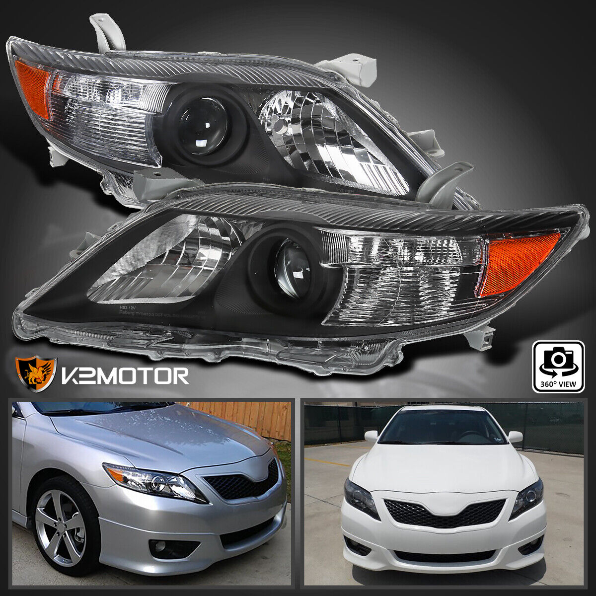 Black Fits 2010-2011 Toyota Camry Projector Headlights Left+Right Replacement