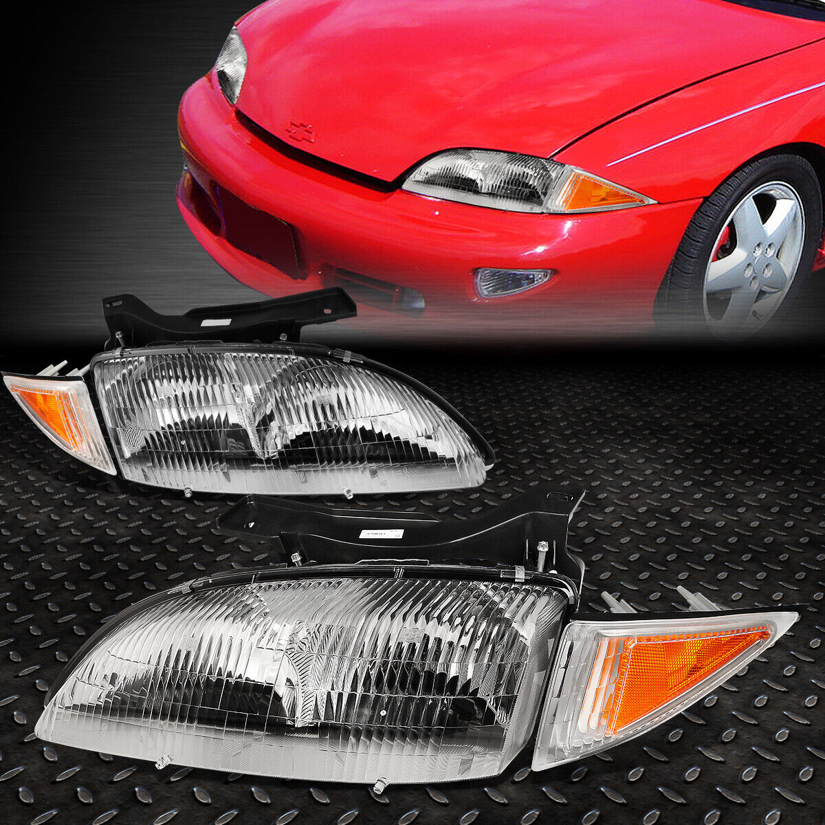FOR 95-99 CHEVY CAVALIER CHROME HOUSING AMBER CORNER HEADLIGHT REPLACEMENT LAMPS