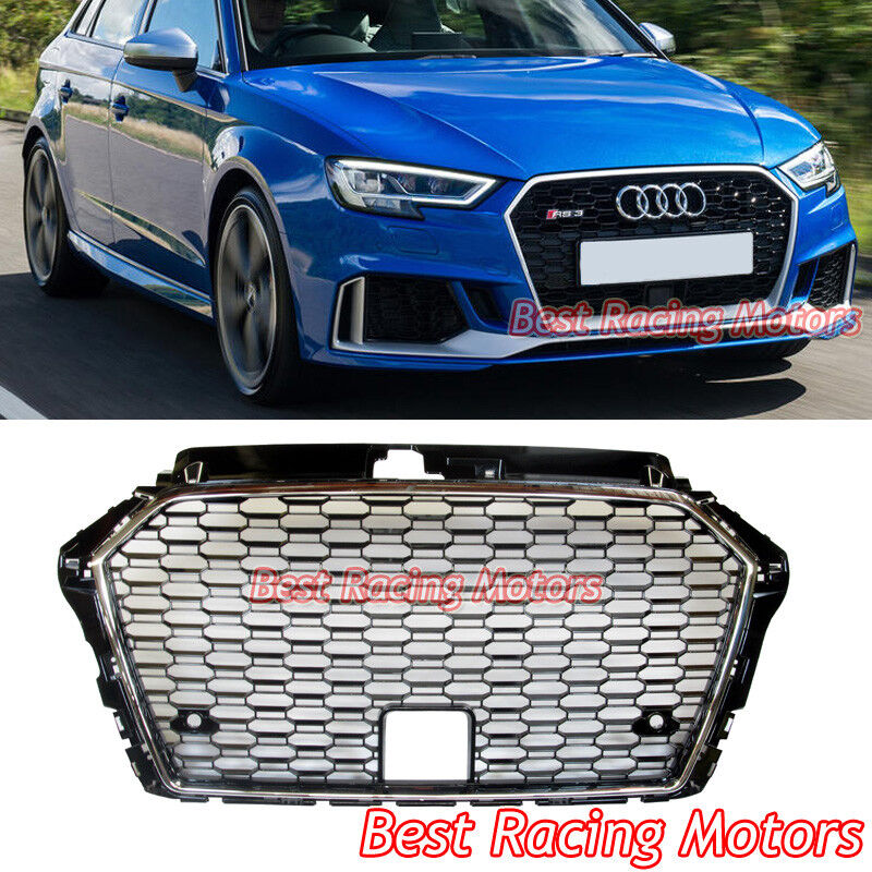 RS3 Style Front Grille (Chrome Frame + Black Honeycomb) Fits 17-20 Audi A3 S3 8V