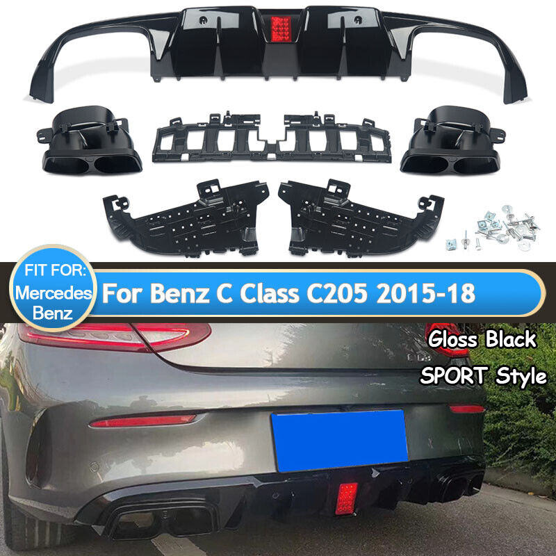 Rear Diffuser Tailpipe Exhaust For 15-21 Benz W205 C205 C43 C63 AMG Gloss Black