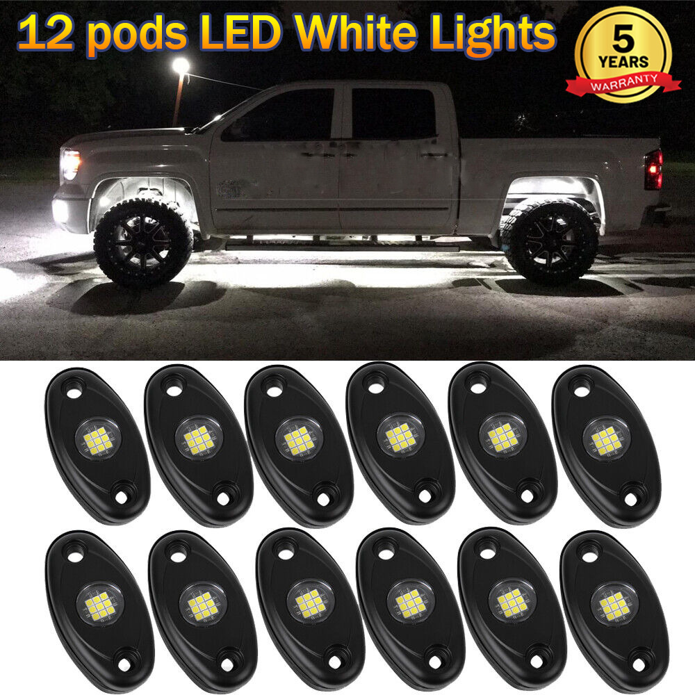 12X White LED Rock Lights Underbody Trail Rig Glow Lamp Offroad SUV Pickup Truck