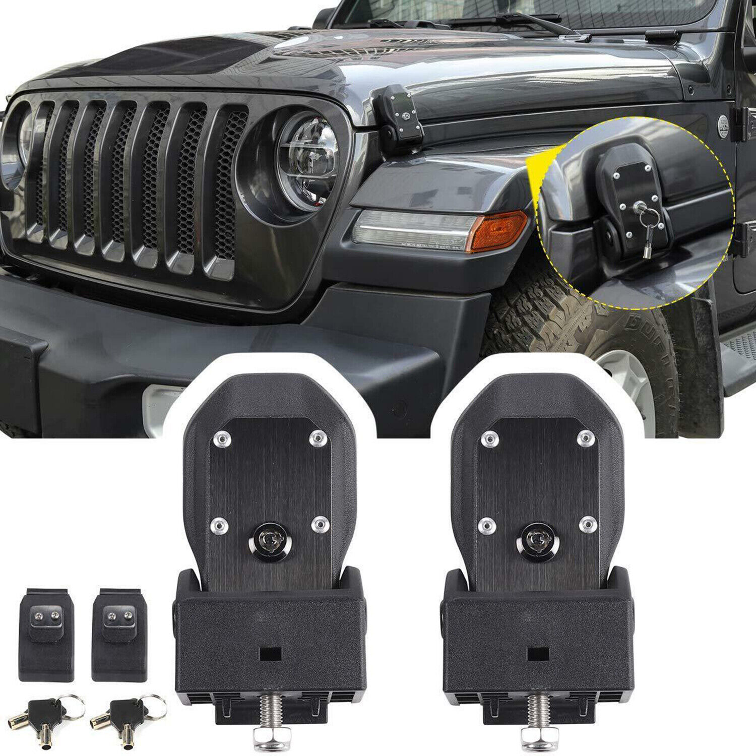  For 2018-2023 Jeep Wrangler JL JLU JT Rubicon Hood Locking Catch Kit With Key