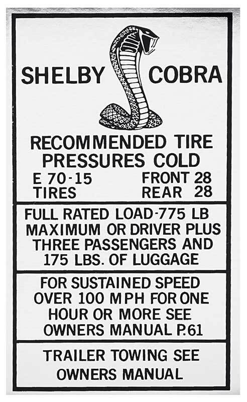 1967-68 Shelby Cobra Tire Pressure Decal with E70 x 15