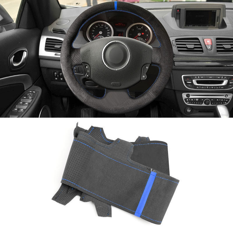DIY BLK+Blue For Renault Megane 2 Kangoo Steering Wheel Soft Suede Leather Cover