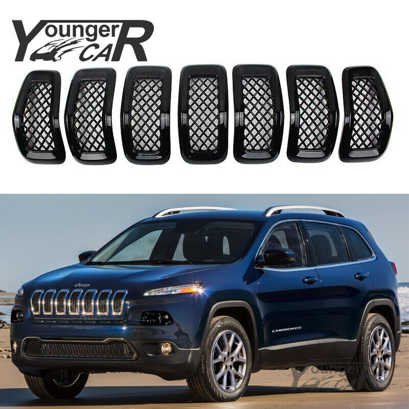 Front Mesh Grille Covers Fits 2014-2018 Jeep Cherokee Painted Gloss Black 7PCS