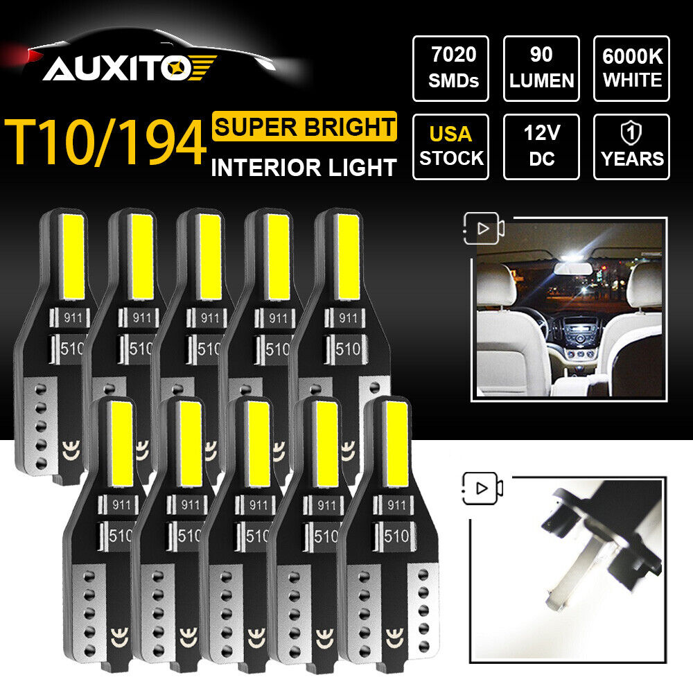 10X AUXITO T10 194 168 LED CANBUS License Plate Interior Wedge Light Bulbs White