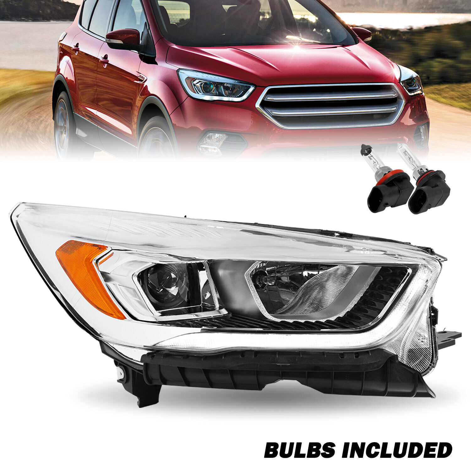 For 2017- 2019 Ford Escape Right Passenger Halogen Headlight Lamp with LED DRL