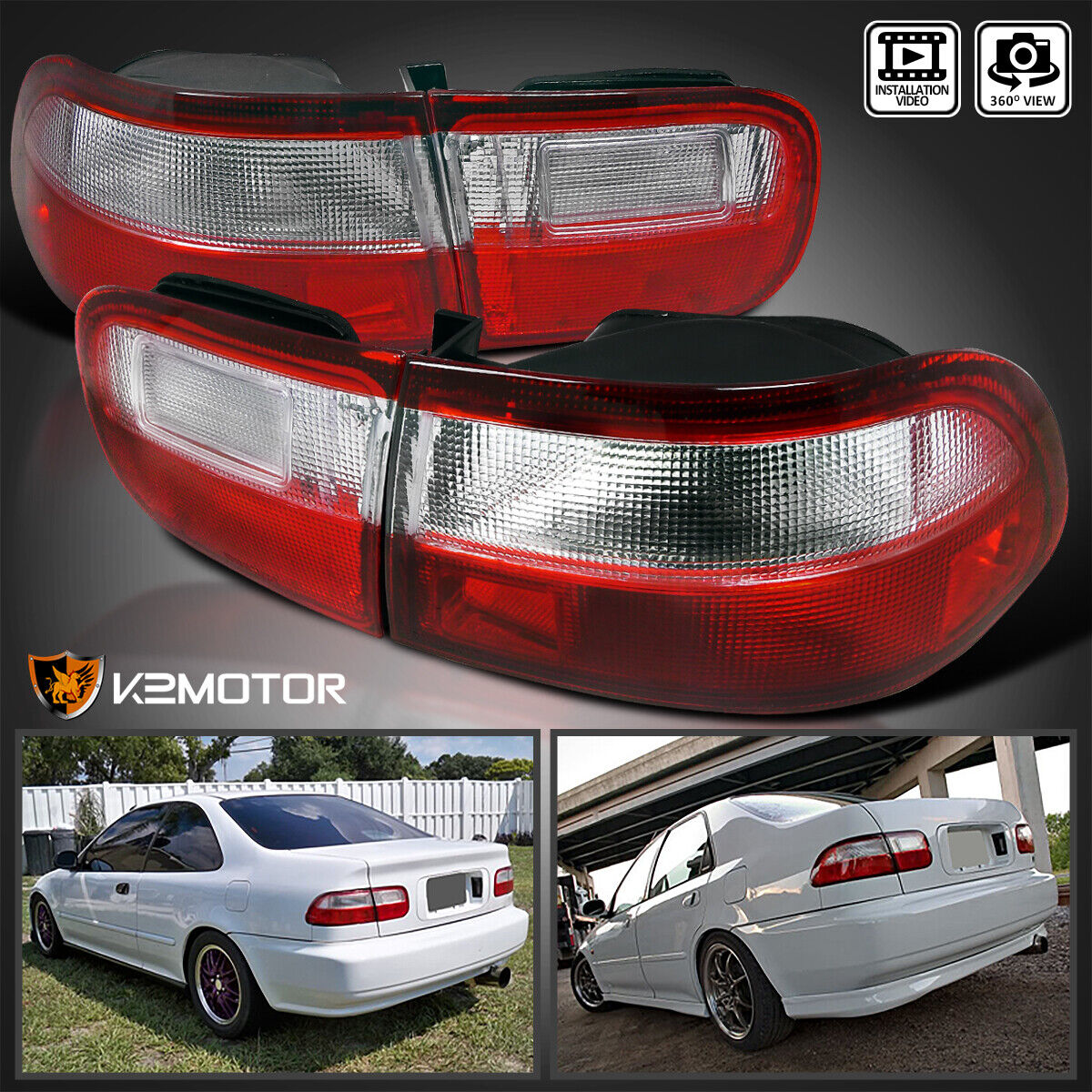 For 92-95 Honda Civic 2Dr 4Dr Red/Clear Tail Lights Brake Lamps Left+Right Pair