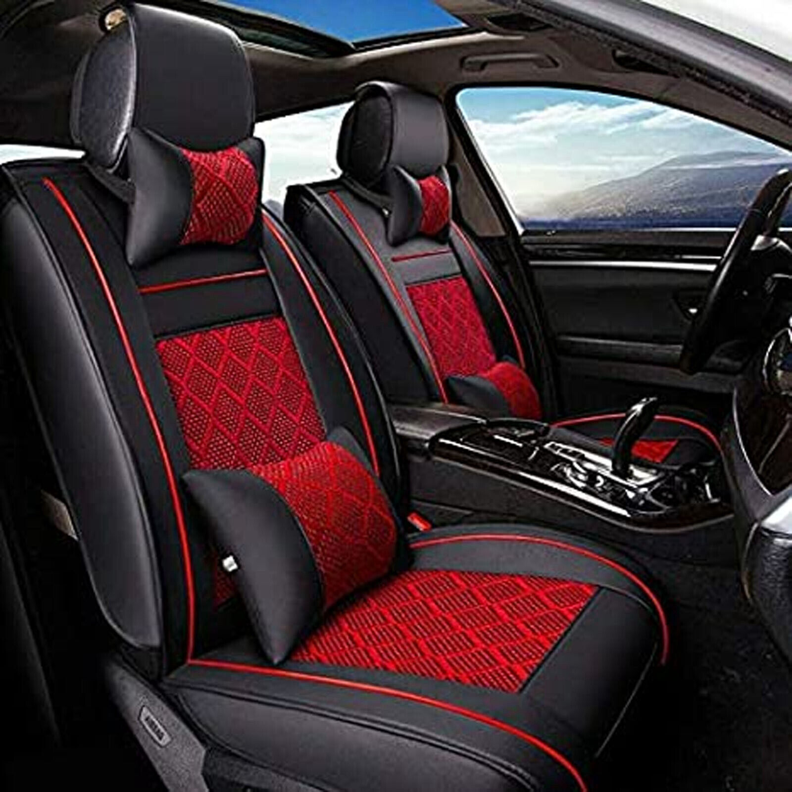 5-Seats Deluxe PU Leather Car Seat Cover Set w/Pillows SUV Front & Rear Cushions