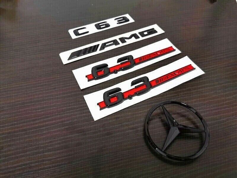 Gloss Black Red C63 AMG and Rear Star Side 6.3 AMG Emblem Badge For W204 507