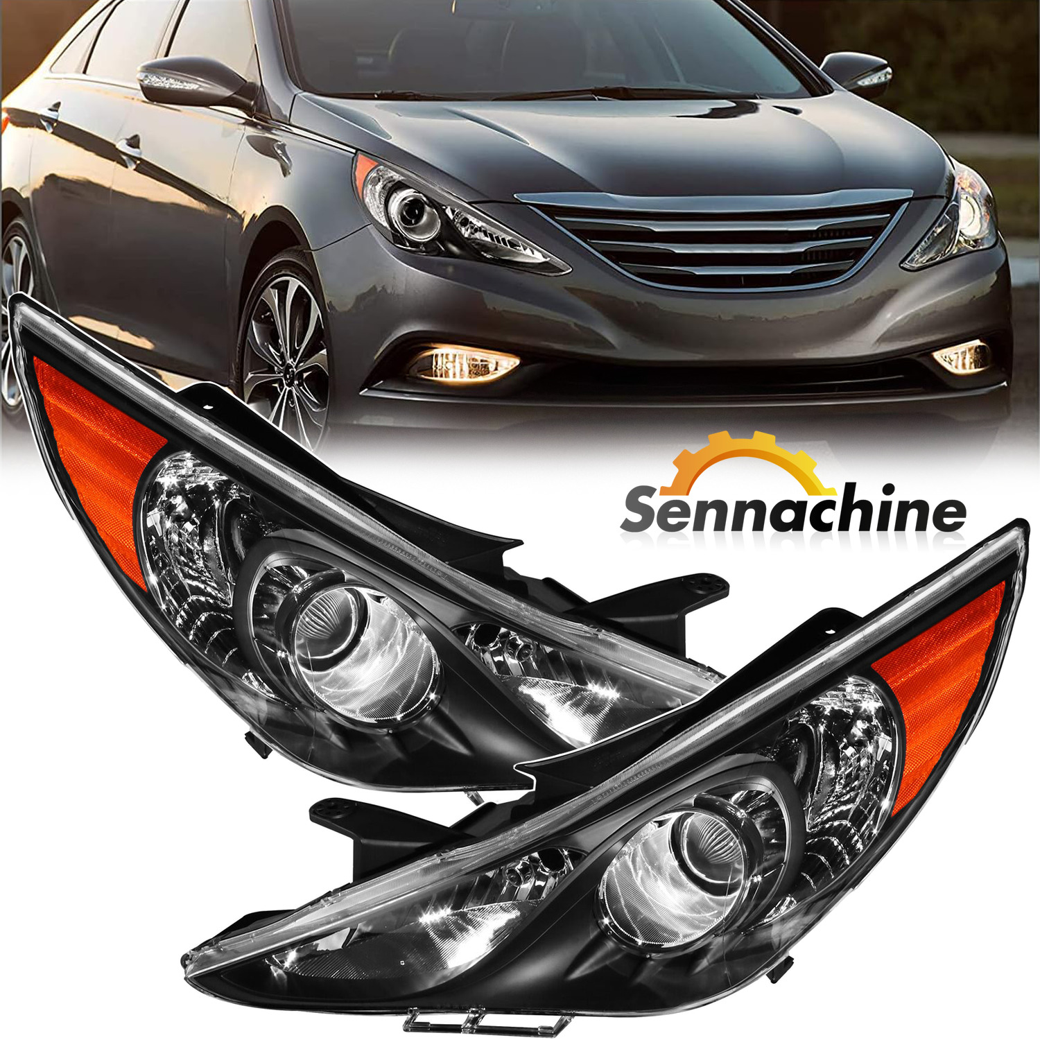 For 2011 2012 2013 2014 Hyundai Sonata Pair Headlights Headlamp Black Housing