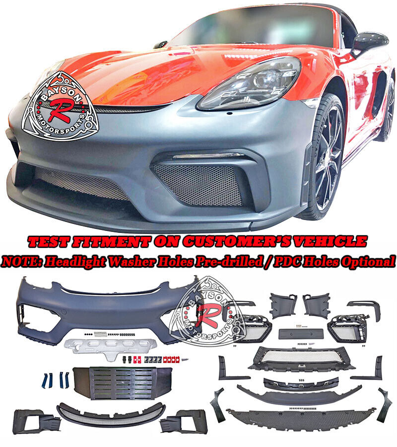 Fits 17-24 Porsche 718 Boxster Cayman S GTS GT4 Style Front Bumper w/ HL Washer