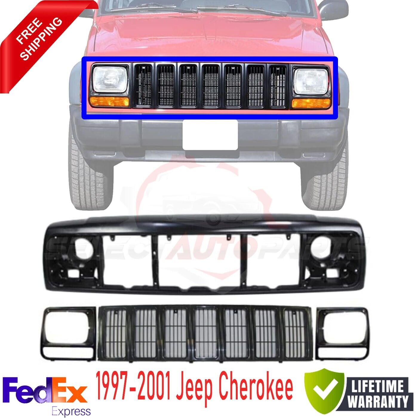 Grille + Headlight Door Bezel + Header Panel For 1997-2001 Jeep Cherokee 4Pc