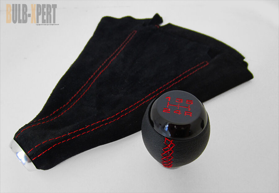 FOR HONDA CIVIC SI 5 SPEED BLACK LEATHER SHIFT KNOB+SUEDE BOOT RED STITCH COMBO
