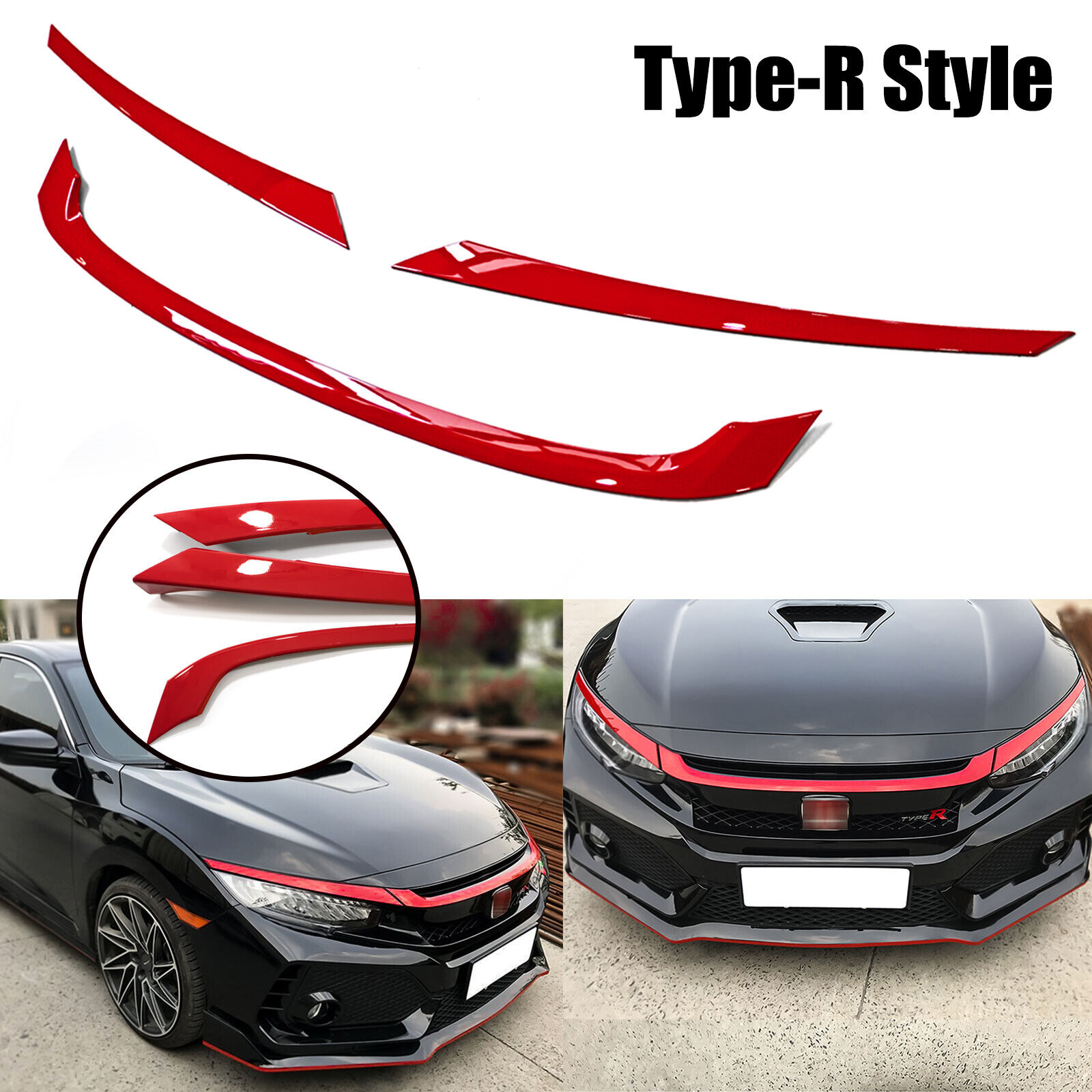 Type-R Style Sporty Red Front Bumper Grille Decal Trim For Honda Civic 2016-2021