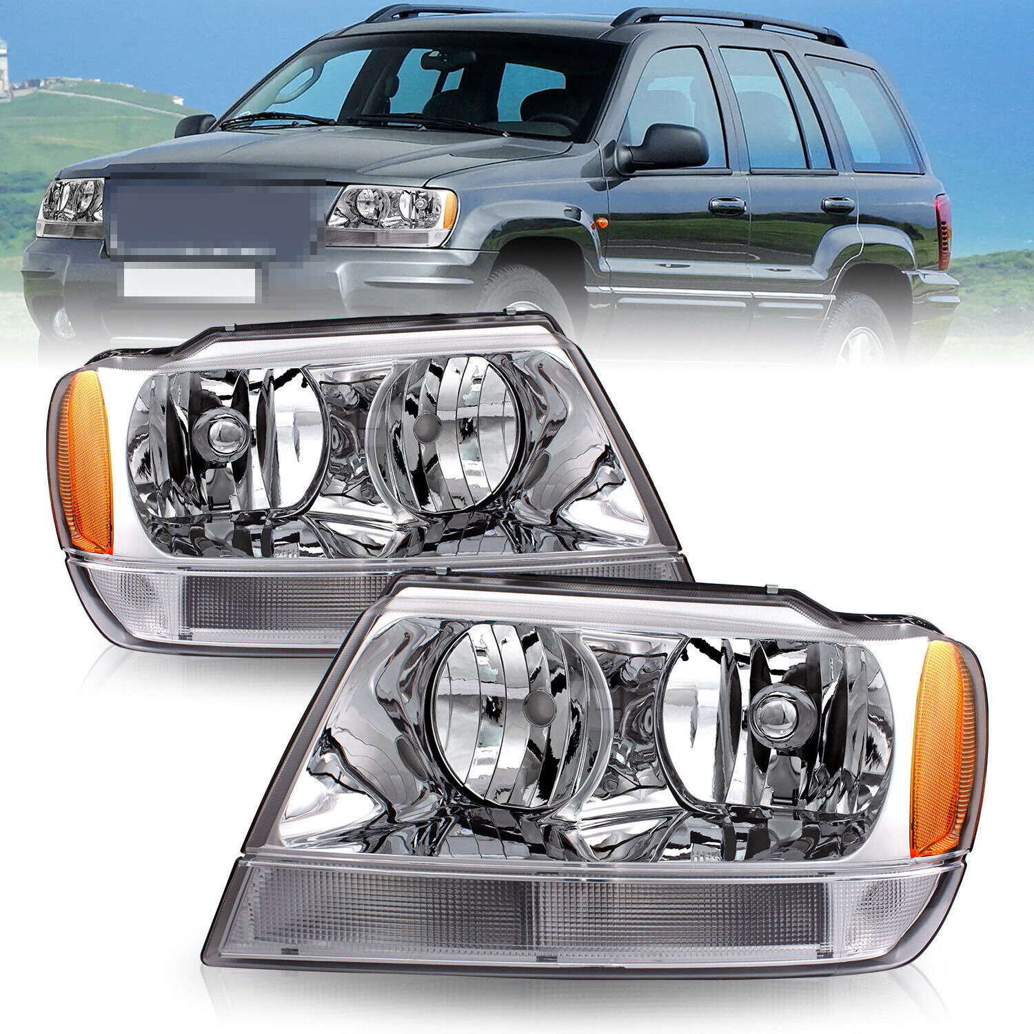Halogen Headlights For 99-04 Jeep Grand Cherokee Chrome Headlamps Assembly Pair