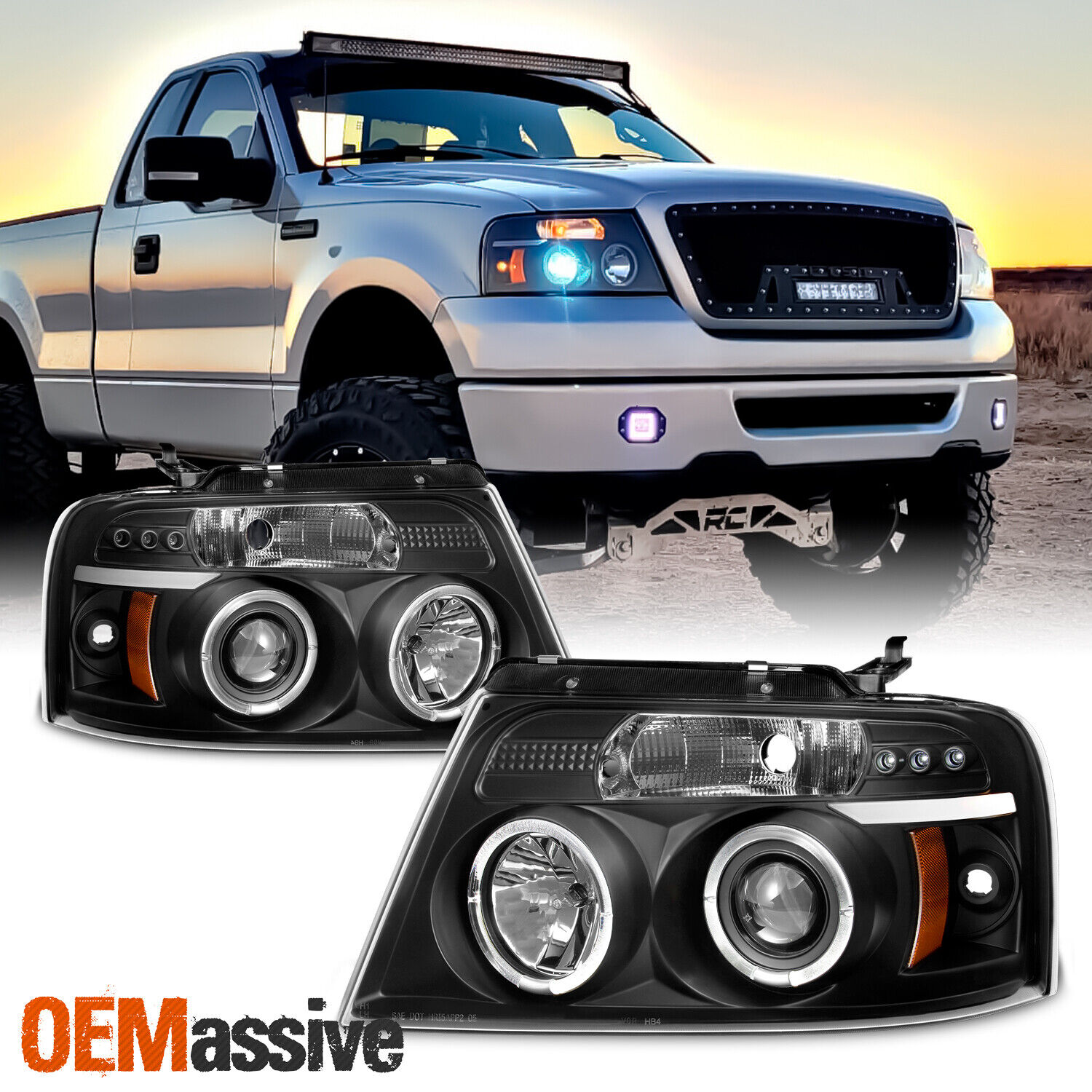 Fits 2004-2008 Ford F-150 Black Halo Projector LED Headlights 04 05 06 07 08