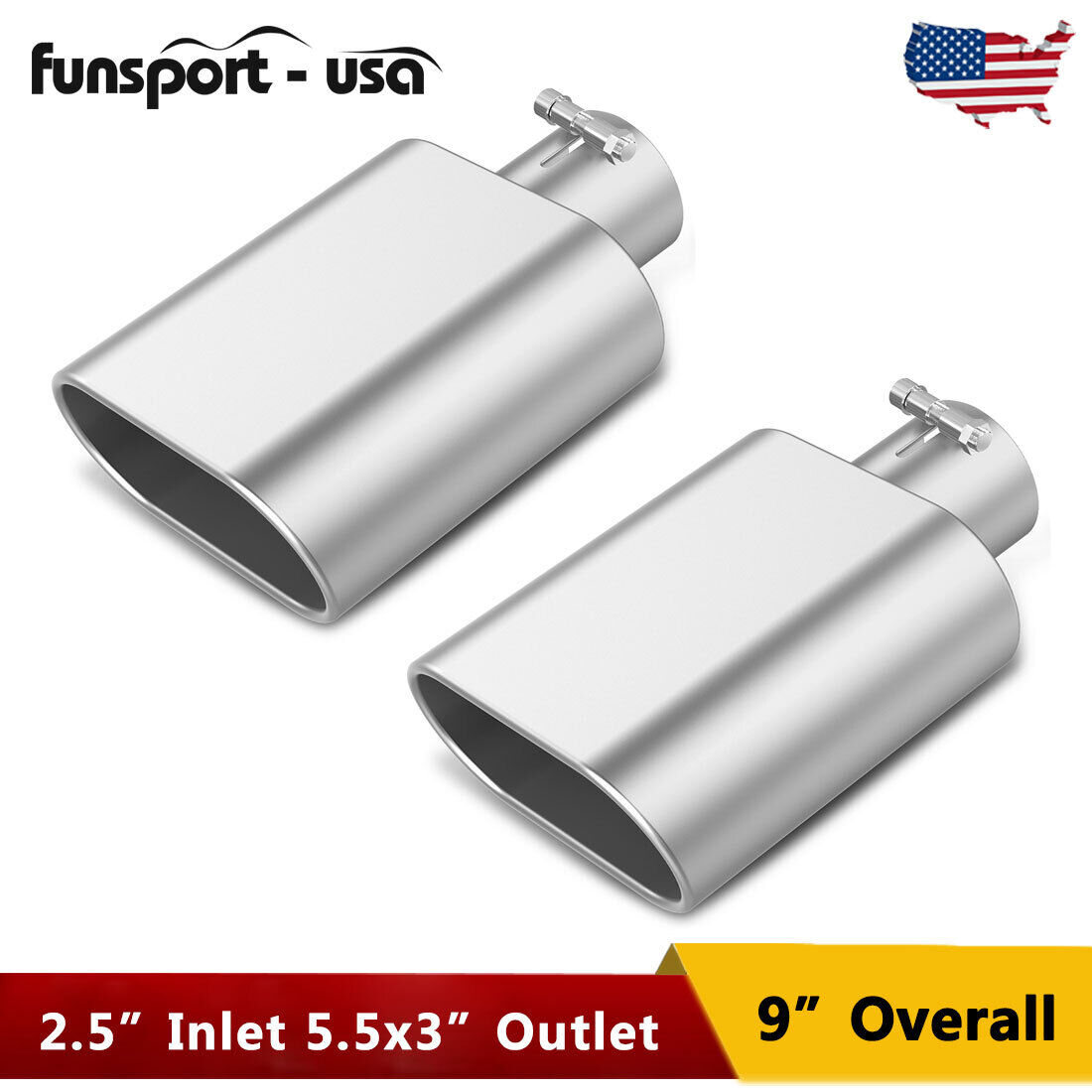 2x SS Bolt-On Square Exhaust Tip Rolled Oval Slant 2.5\
