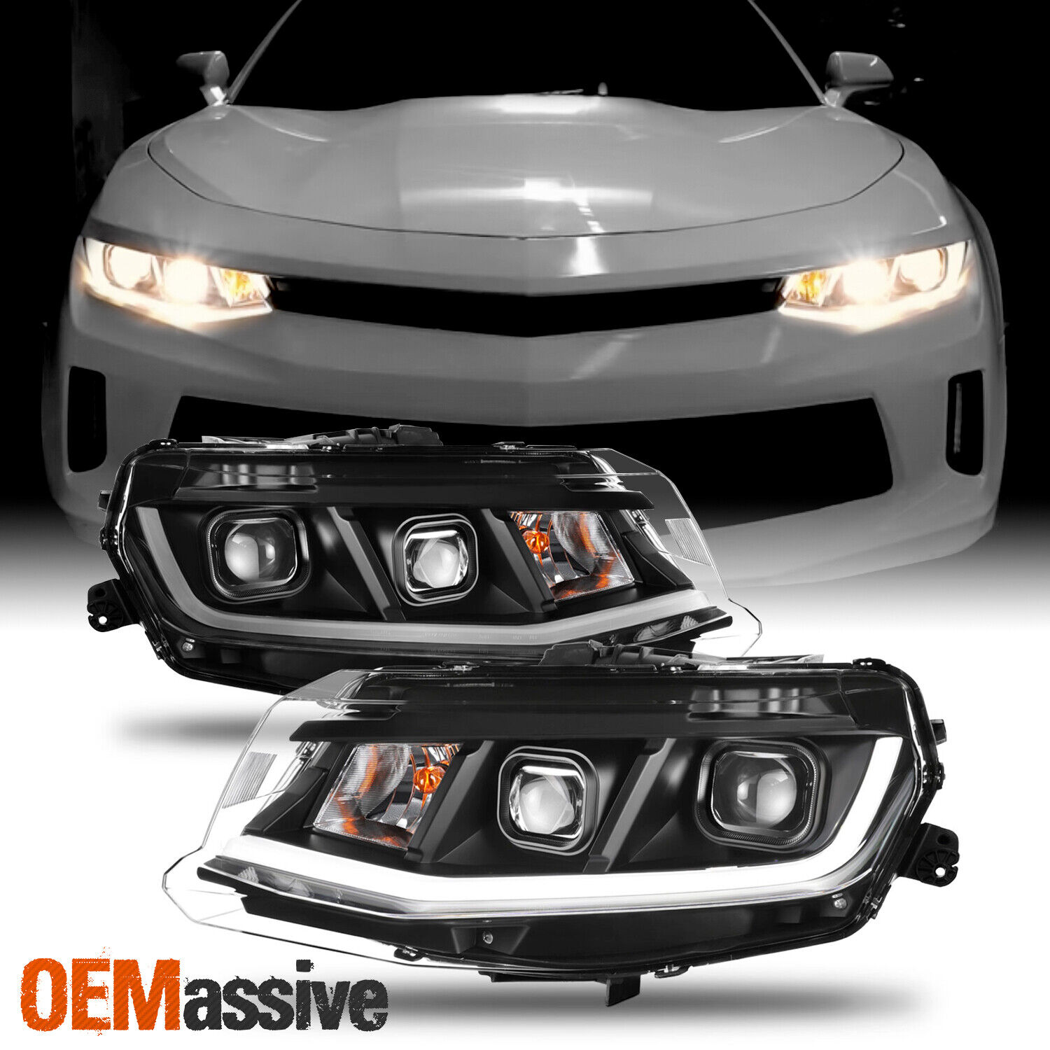 Fit 2016-2018 Chevrolet Chevy Camaro LED Tube Projector Headlights Black Housing
