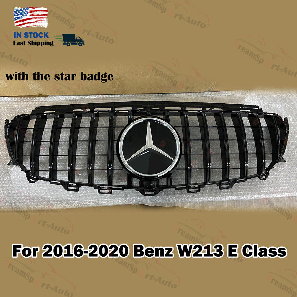 Gloss Black GT R Grille Grill For Mercedes Benz W213 E-CLASS 2016-2020 W/Emblem