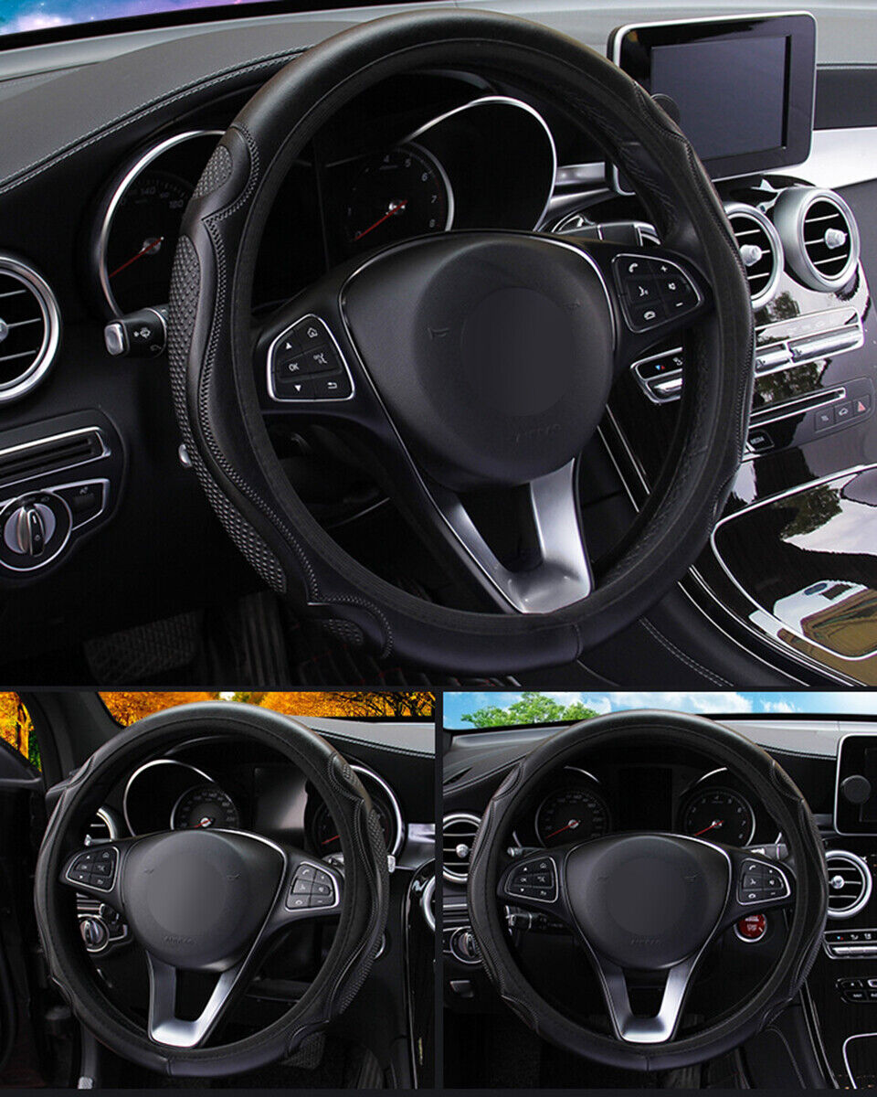 15''/38cm Car Steering Wheel Cover Breathable Leather Anti-slip Black Accessory