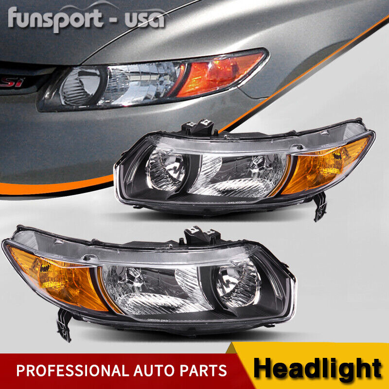 Black Headlights Amber Corner Headlamp For 2006-2011 Honda Civic Coupe 2Dr Coupe