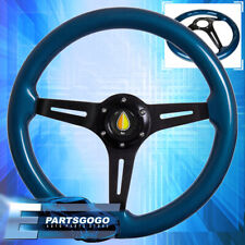 Blue Wood Black Aluminum Center Deep Dish Steering Wheel + Fukushi Horn Button picture