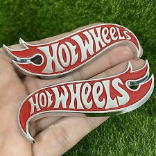 2x 3D Metal Red Silver Hot Wheels Fender Lid Hood Badge Hotwheels Decal Emblem picture