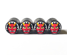 Red Monster Emoji Tire Valve Stem Caps - Black Aluminum - Set of Four picture