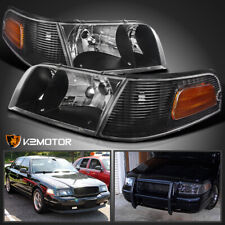 Fits 1998-2011 Ford Crown Victoria Black Headlights+Corner Signal Lamp Pair picture