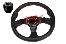 For 88-91 Honda Civic Acura  Black on Black Steering Wheel w/Red Stitching Hub picture