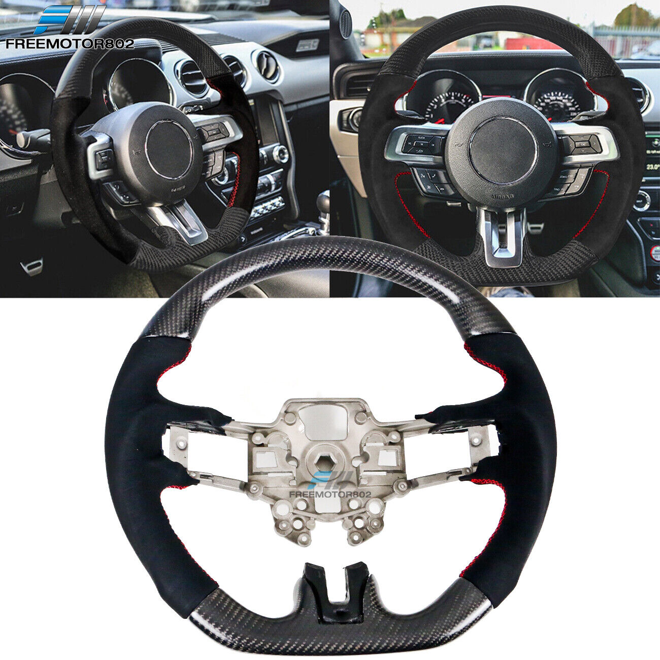 Fits 18-23 Mustang Hiramitsu Carbon Fiber Alcantara Steering Wheel, Red Stitch