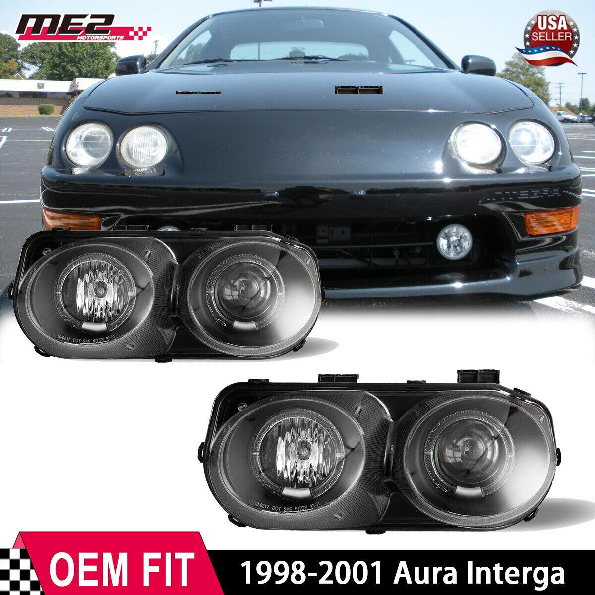 For 1998-2001 Acura Integra Projector Headlights Headlamp Black Clear Lens PAIRS