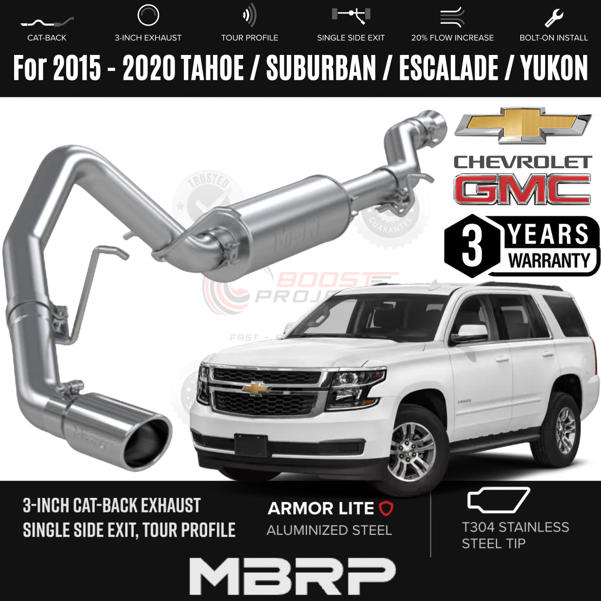 MBRP 3'' Cat-Back Single AL Exhaust w/ SS Tip For Tahoe Suburban Escalade Yukon