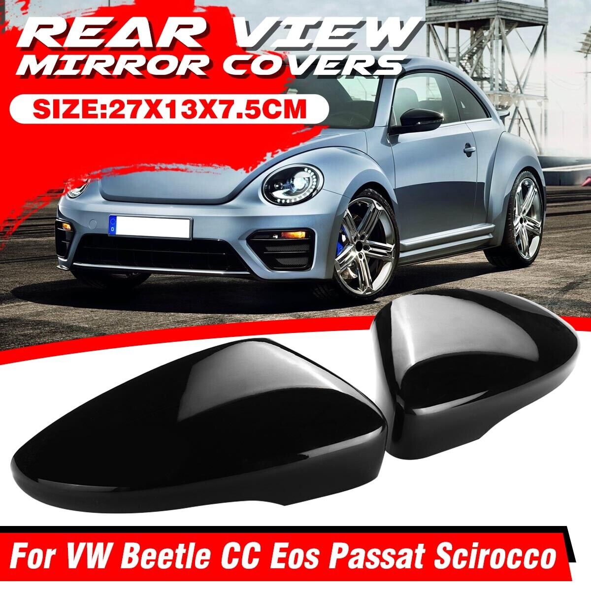 Rear View Side Mirror Cover Caps Glossy Black For VW Beetle CC SCIROCCO 2009-17