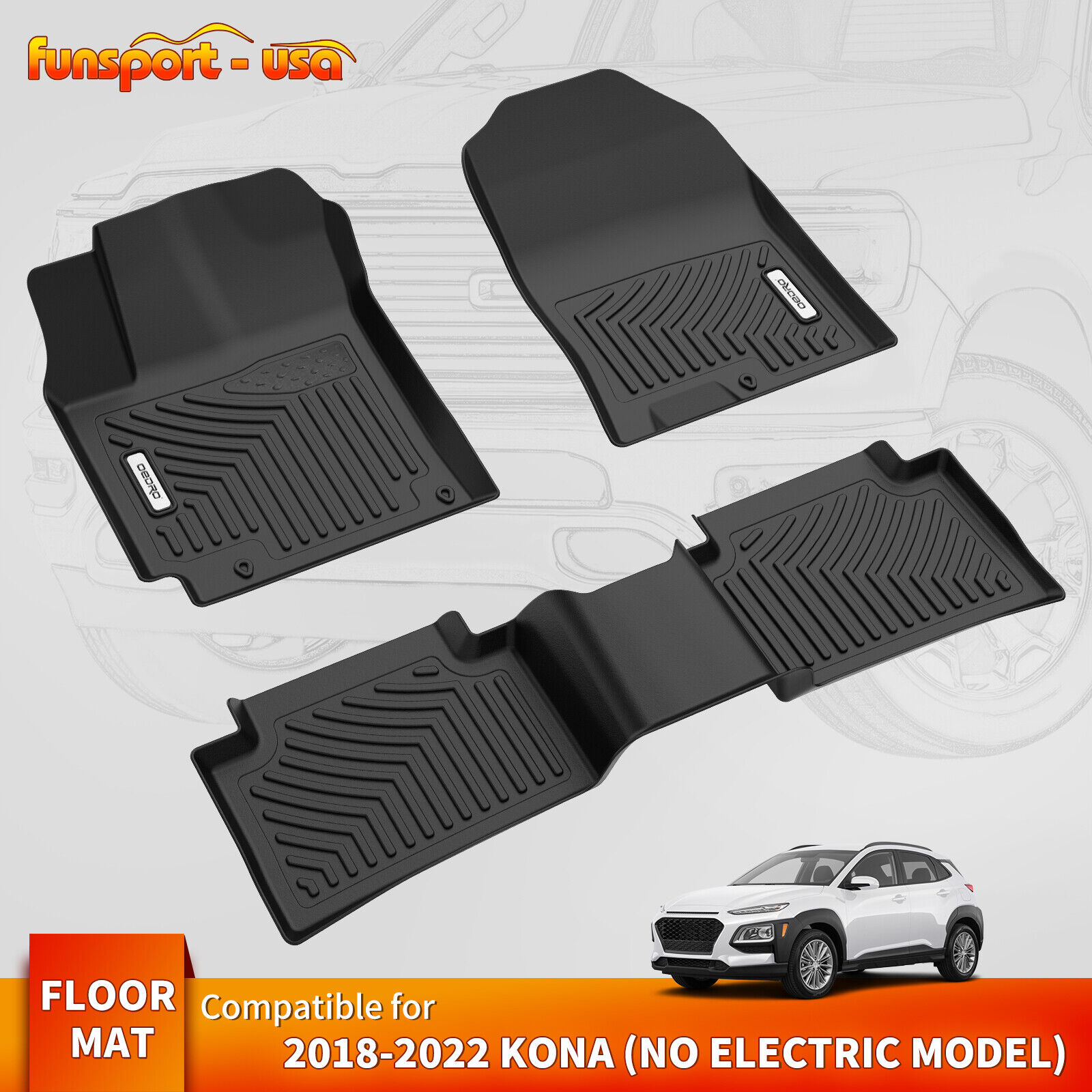 Floor Mats Liner Set for 2018-2023 Hyundai Kona TPE Rubber All-Weather 3D Molded