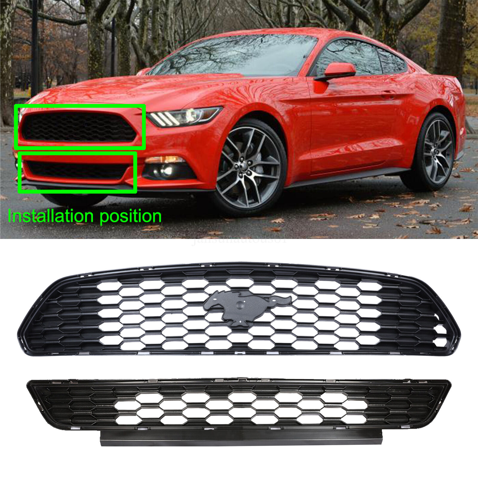 Fits 2015 2016 2017 Ford Mustang Front Bumper Upper & Lower Mesh Grille Grill