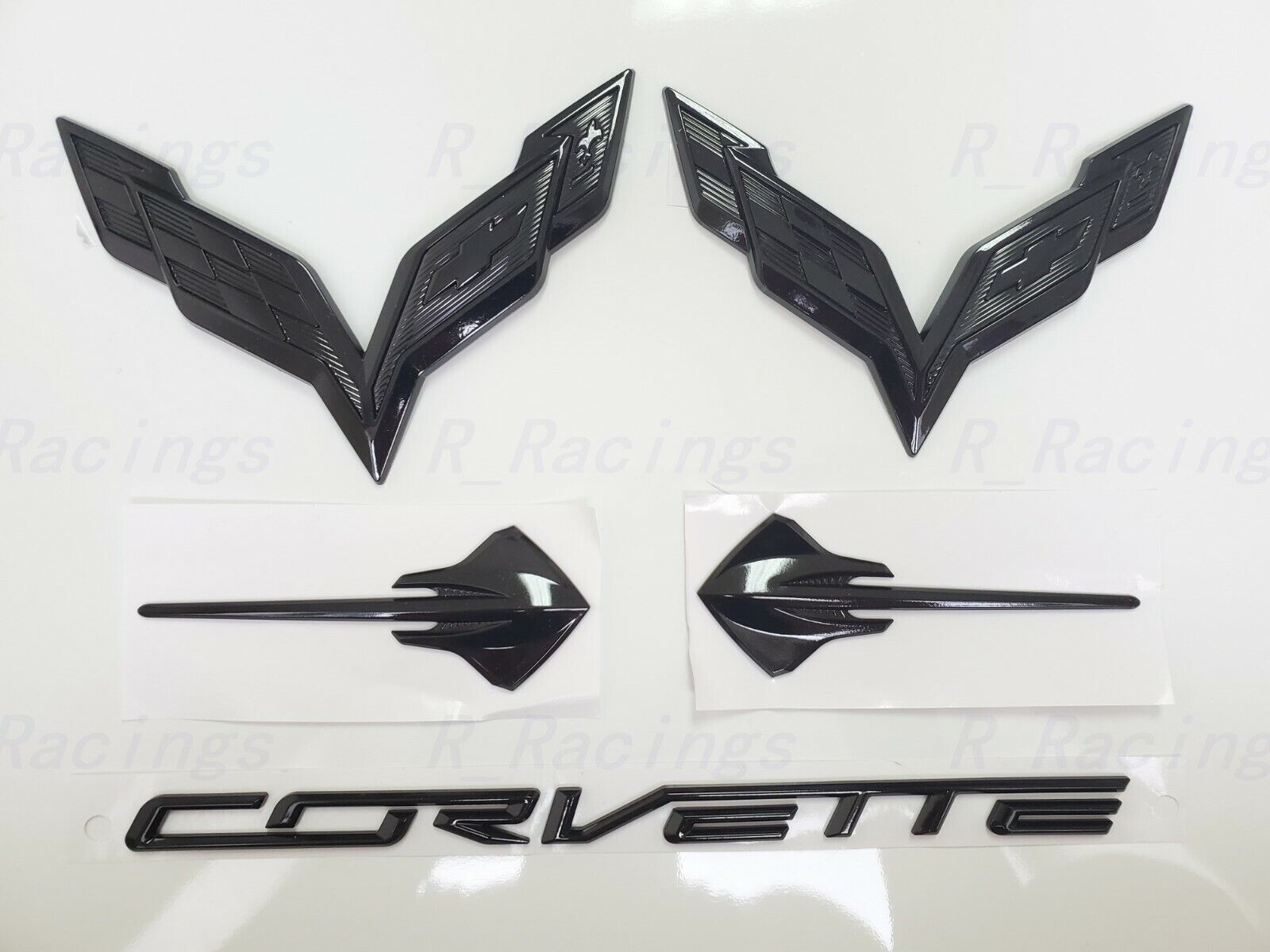 Gloss Black Front & Rear & Stingray Cross Flags Emblem 5PC 2014-2019 Corvette C7